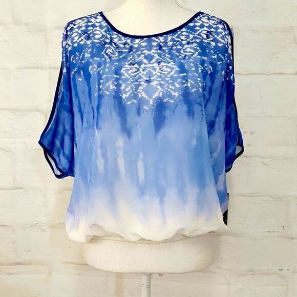 BCX Blue and White Ombré Beaded Cold Shoulder Top/Blouse - Picture 1 of 11